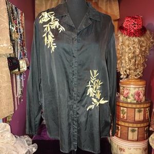 Winter Silks Black & Gold Embroidered Silk Blend Blouse XL